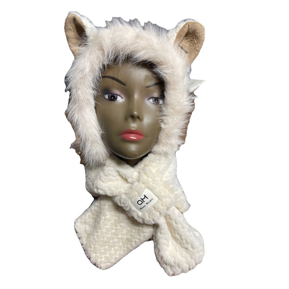 Mona Momo Cream Plush Hooded Scarf Neck Warmer Cartoon Ears